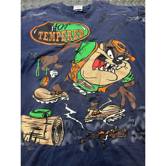 Vtg 90s Looney Tunes TAZ Tasmanian Devil Camping Hunting Hot Tempered T-shirt L - Picture 3 of 13